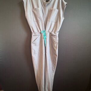 Figs Sleeveless Jumpsuit in graphite with Mint Drawstring